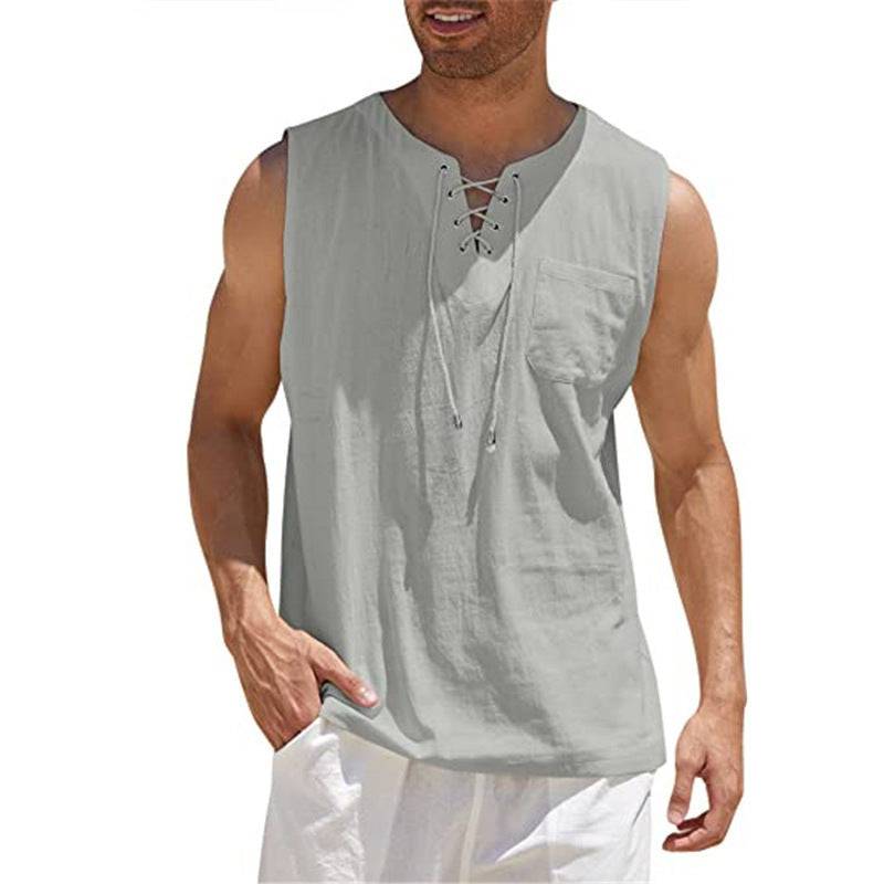 New Men's Sleeveless Shirt Lace-Up Cotton And Linen Short Sleeve T-Shirt